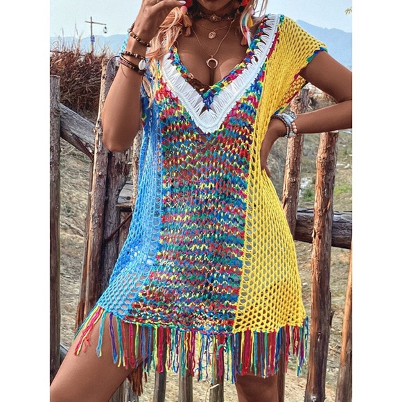 🍭 BOHO MULTI KNIT FRINGE LOOSE FIT BEACH COVERUP DRESS! - Picture 4 of 6